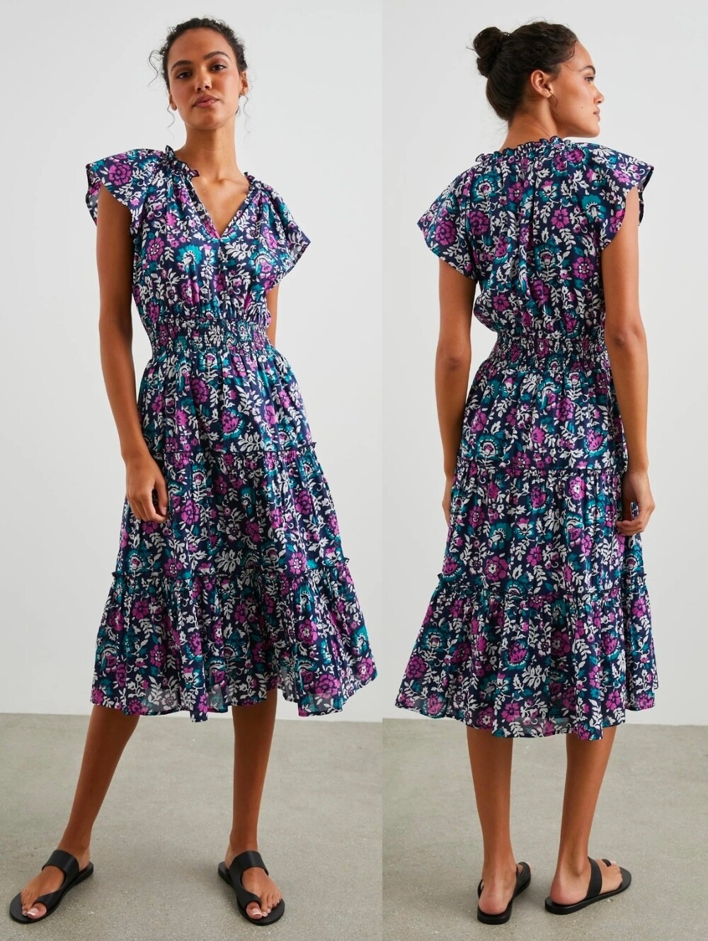 RAILS Navy Floral Amellia Smocked Waist Midi Dress